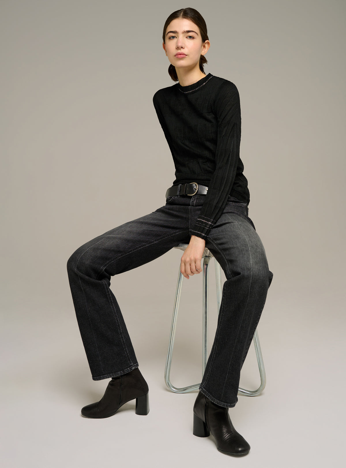 Pleated fitted long-sleeve crewneck sweater