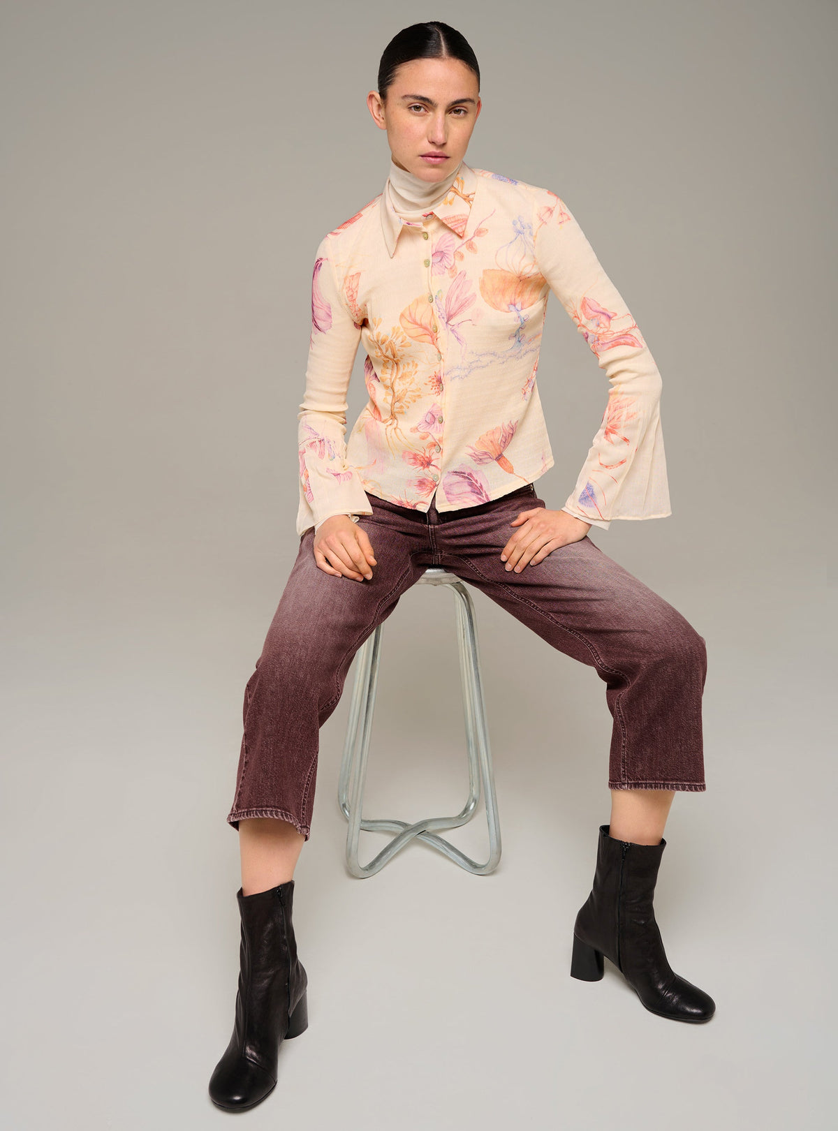 Cotélac Fitted long-sleeve pleated and printed shirt