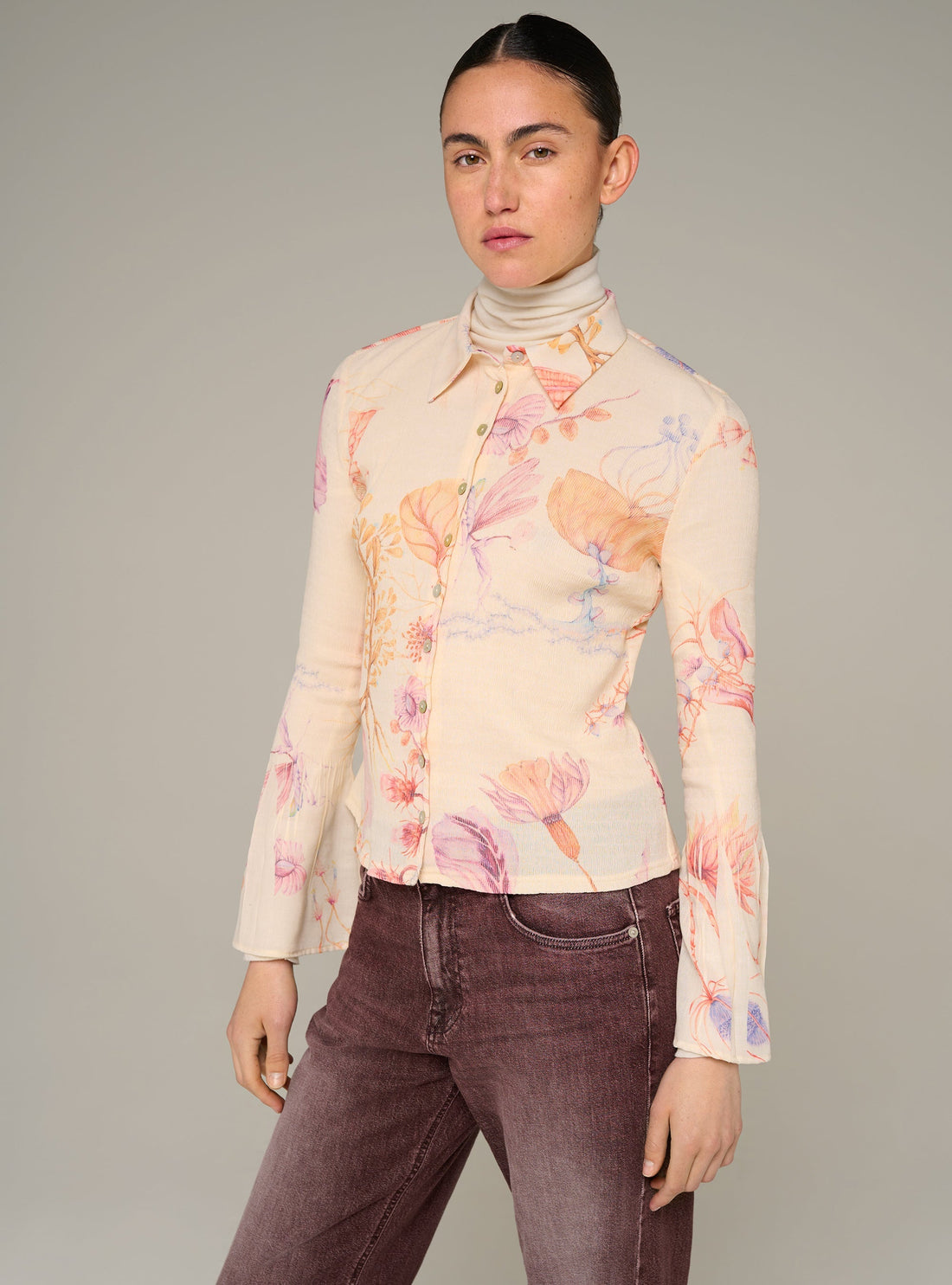 Cotélac Fitted long-sleeve pleated and printed shirt