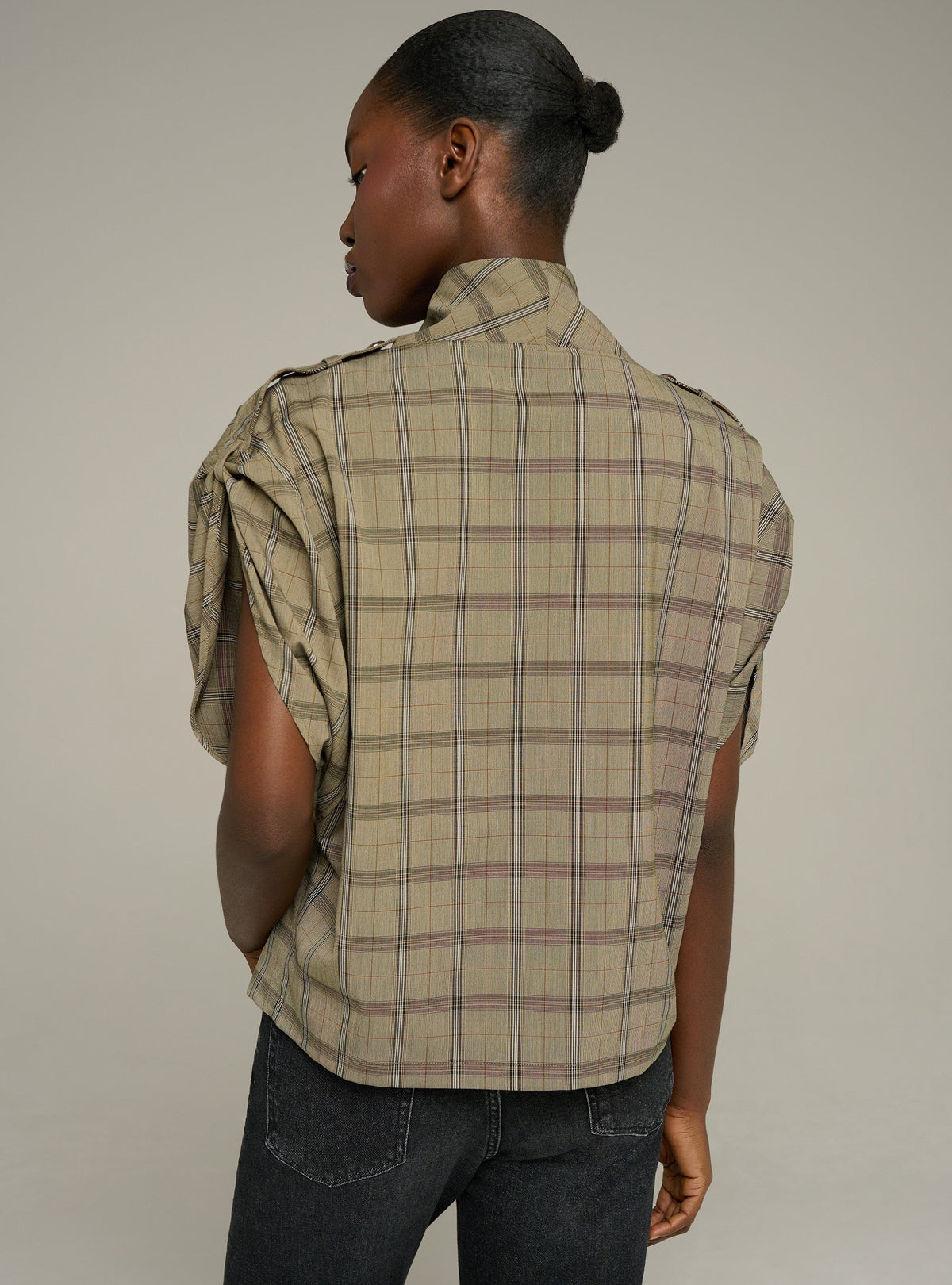 Cotélac Oversized plaid short-sleeve halter-neck blouse